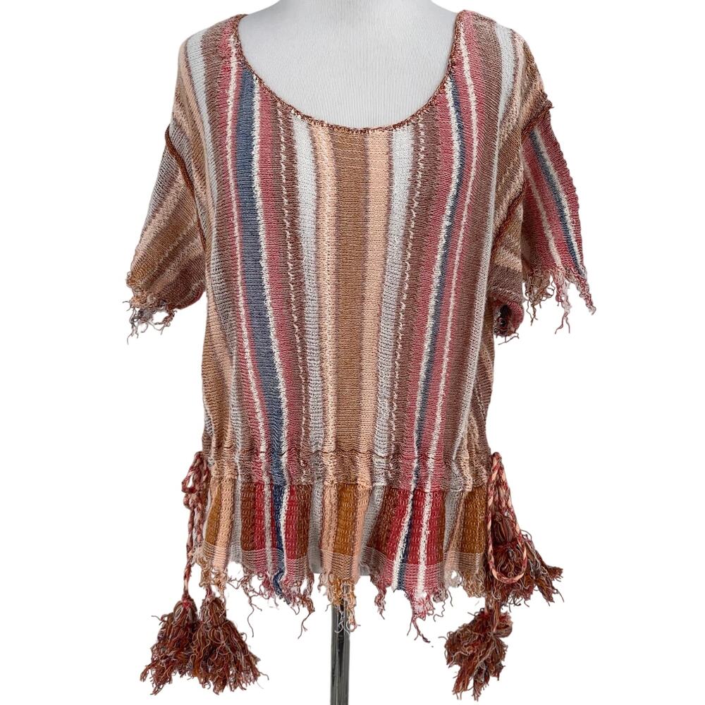 Free People Striped Boho Tassel Tie Scoop Neck Blouse Size XS